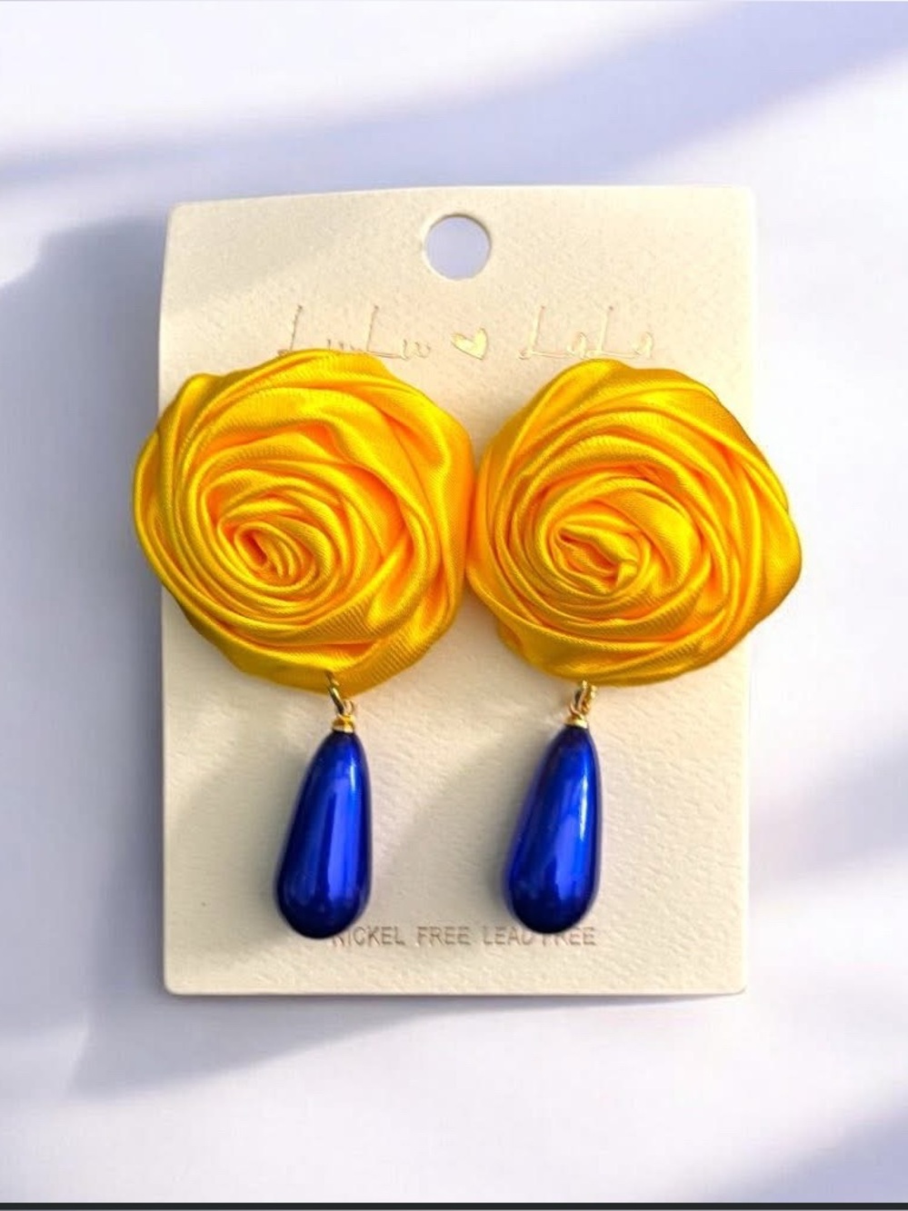 Yellow Rosette Drop Earrings with Blue Teardrops